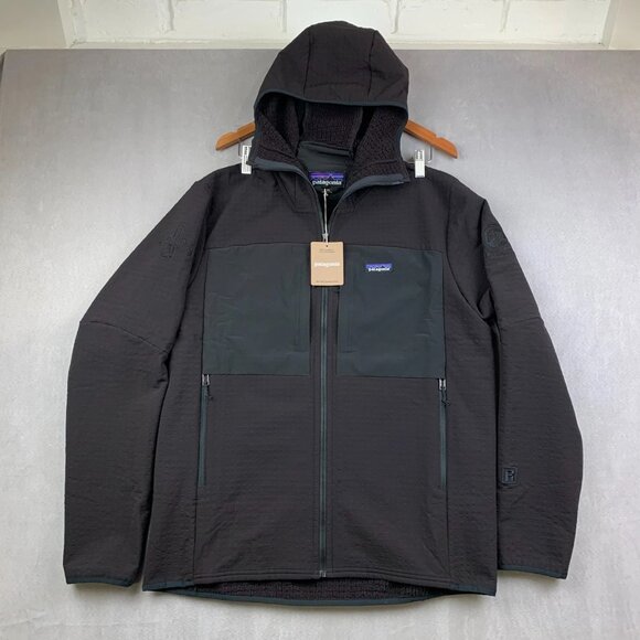 Patagonia Mens Winter Jacket Large Black Full Zip R2 TechFace Hoody Company Logo - Picture 1 of 16